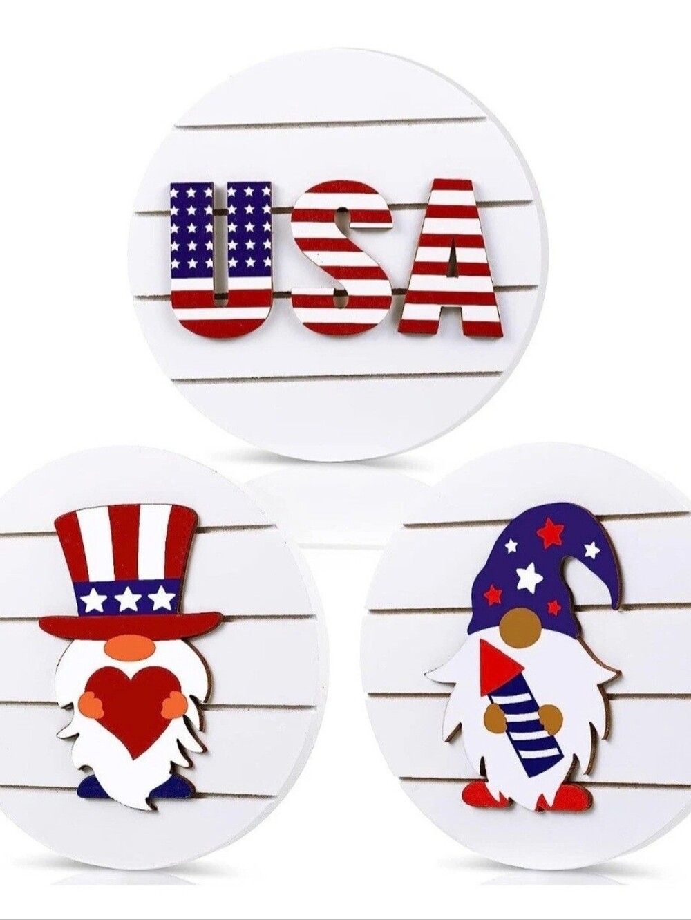 4th Of July Gnome Wooden Freestanding Signs, Set Of Three Brand New.
